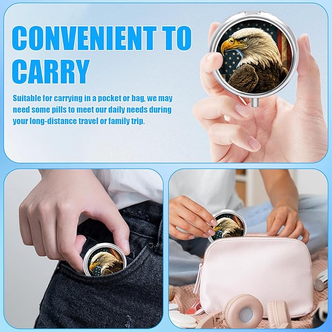 Pill Box, 3 Compartments Small Pill Case Travel Portable Metal Medicine Box with Mirror Mini Container for Purse Pocket Women Men(Eagle USA Flag)