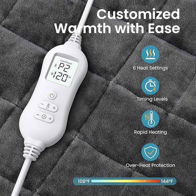 NOWWISH 5lbs Weighted Heating Pad for Women, Electric Heated Weighted Blanket with 6 Heat Settings, Timer & Auto Shut-Off, Relief for Period Cramps, Back Pain, Lap, Machine Washable, 29x24 inch, Grey