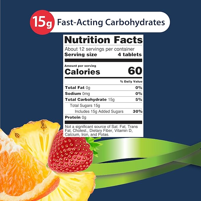 TRUEplus Glucose Tablets, Chewable, Tropical Fruit Flavor, 15g Fast-Acting Carbohydrates, Fat Free, Gluten Free, Raise Low Blood Sugar and Boost Energy, 50 Count, 3 Bottles