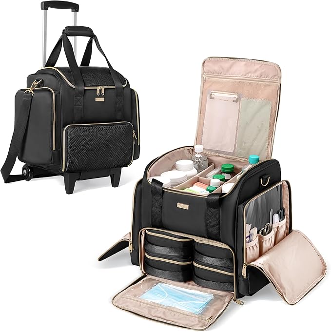 Rolling Medicine Bag for Travel, Large Pill Bottle Storage Bag on Wheels with 4 Cases and Detachable Trolley, Black