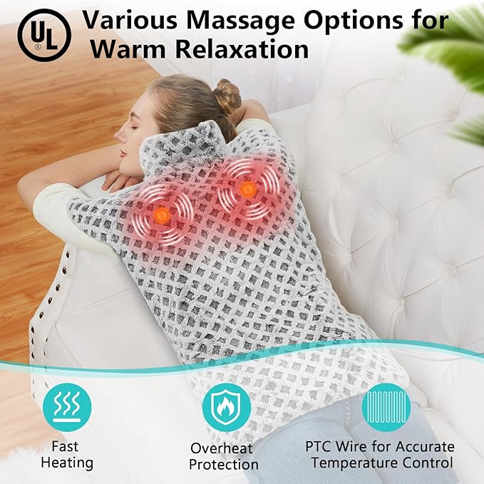 CAROMIO Massaging Heating Pad for Back Pain Relief, Neck and Shoulders Electric Heating Pads Large Size, Full Body Back Heat Pad with Auto Shut Off, 3 Heating Levels & 3 Massage Modes (Grey, 35"x24")