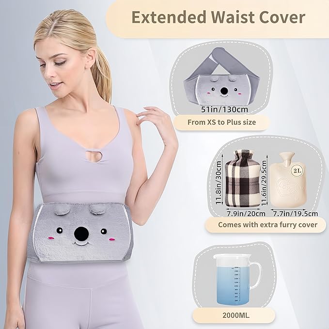Hot Water Bag, Hot Water Bottle wtih Cover, 2L Rubber Warm Hot Water Bottles Pouch with 130cm Long Soft Waist Cover for Neck, Shoulder, Back, Hand, Legs and Period Pain Relief