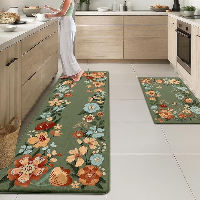 Arttown Kitchen Mats for Floor 2Pcs-Anti Fatigue Non Slip Mats for Kitchen Floor, Cushioned Waterproof & Stain-Resistant Green Plants Floral Mat Set, Laundry Room, Office, Sink, Desk (Dark Green)