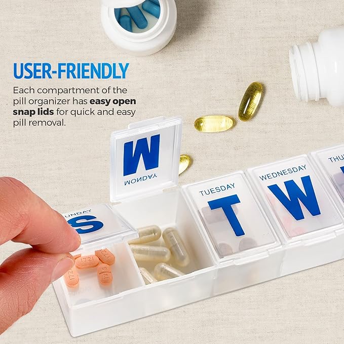 Weekly Pill Organizer - Extra Large Pill, Medicine, Vitamin Organizer Box, Weekly, Daily Planner Container with Easy to Read Letters, BPA Free - Daily Travel 7 Day Medication Pill Box Case