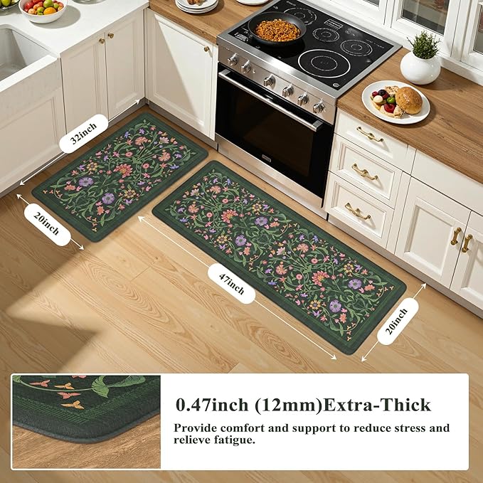 Collive Anti Fatigue Kitchen Rugs Sets of 2, Non Slip Waterproof Kitchen Mat Vintage Floral Runner Rug, Ergonomic Comfort Desk Rugs for Kitchens Floor, Sink, 20" x 47" + 20" x 32", Green