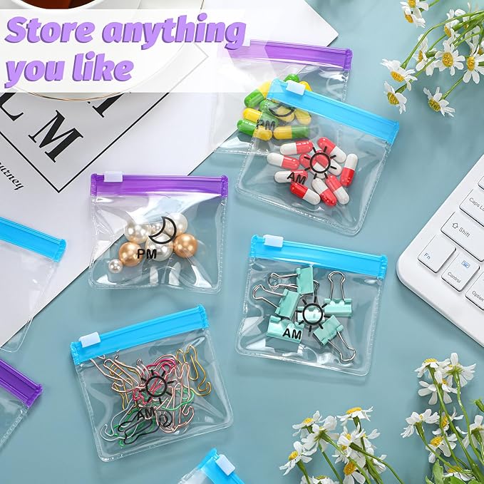 56 Pcs AM PM Pill Pouches Bags Travel Pill Bags Zippered Medicine Organizer Day and Night Pill Bag Reusable Plastic Pill Baggies with Slide Lock Monthly Pill Organizer 2 Times a Day (Blue, Purple)