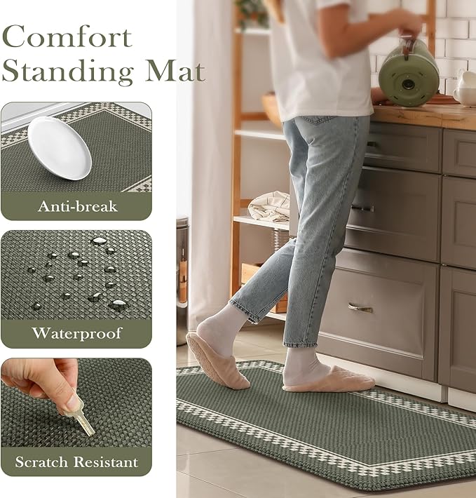 Kitchen Floor Mats Cushioned Anti Fatigue,Waterproof Kitchen Mats for Floor 2 Piece,Memory Foam Kitchen Mat,Comfort Kitchen Sink Rug for Bathroom Laundry Office,Green