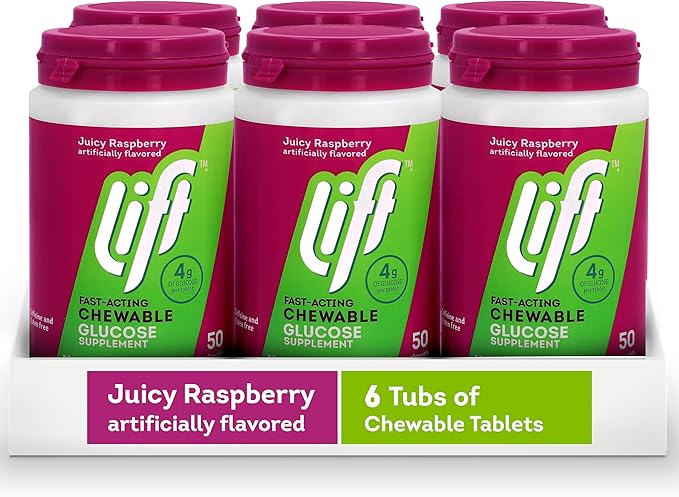 Lift Glucose | Fast-Acting Glucose Chewable Energy Tablets | Raspberry | 50 ct Jar (Pack of 6)