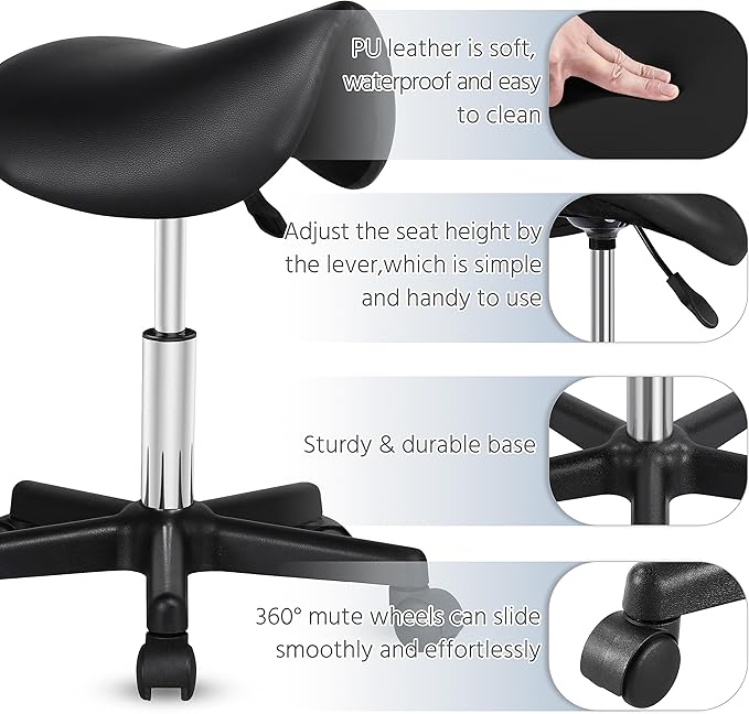 Yaheetech Saddle Stool Rolling Saddle Chair with Wheels Swivel Adjustable Stools for Hair Stylist/Lash Tech PU Leather Tattoo Massage Chair, Black