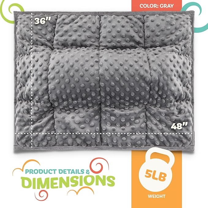 XL Weighted Blanket for Kids 5lb (Grey) 36x48 Inch, Plush Minky Kids Blanket with Travel Bag, Blanket for Ages 4 to 10