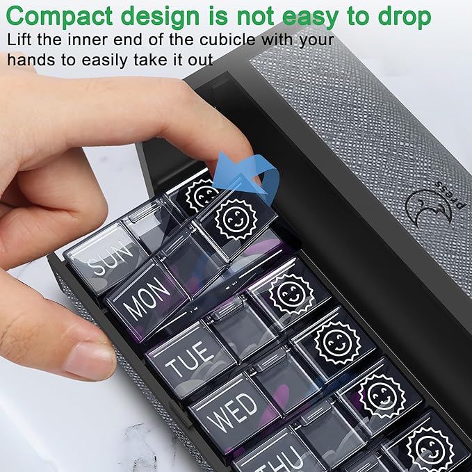 Pill Organizer 7 Day，Daily Am Pm Pills Box，Weekly Travel Medicine Container Case，Portable Leather Vitamins Private Planner Holder，Cute and Compact Supplements Sorter Holder (Silver Gray)
