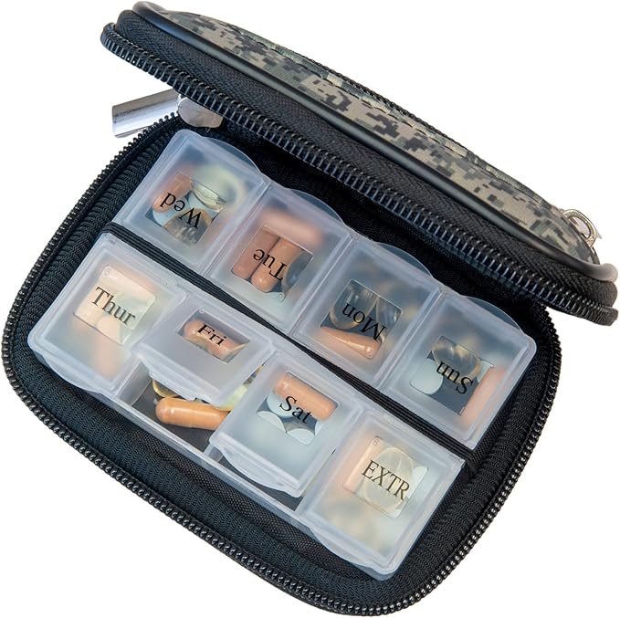 Made Easy Kit Pill Case - Medicine Organizer Box with Removable Seven-Day Vitamin & Supplement – Compact Travel Ready Dispenser in Pouch Holder with Zippered Pocket (Urban Camo)