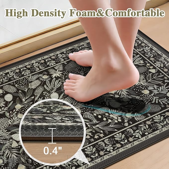 Kitchen Mats for Floor 3PCS Anti Fatigue Cushioned PVC Kitchen Rugs Non Slip Waterproof Botanical Floral Rugs Comfort Standing Mat for Laundry, Desk, Bar, Office Black