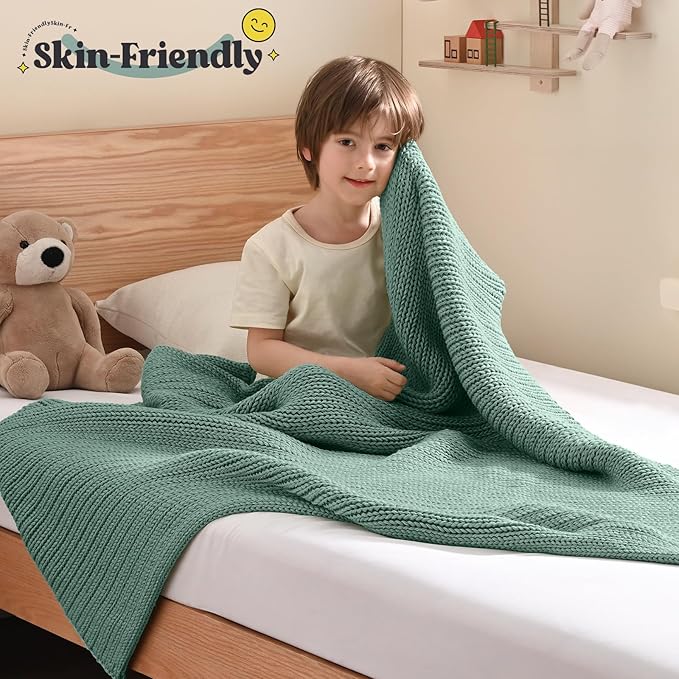 Guohaoi Knitted Weighted Blanket Kids (Haze Green 40"x60" 10lbs) No Beads Cooling Heavy Blanket, Home Decor Breathable Chunky Knit Throw Blanket for All-Season Use