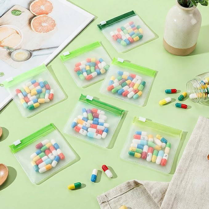 Sherr 35 Pcs Pill Pouch Zippered Pill Pouch Set Reusable Translucent Medicine Organizer Self Sealing Medicine Organizer Travel Plastic Bags with Slide Lock for Storage (Gradient,Moratti Green)