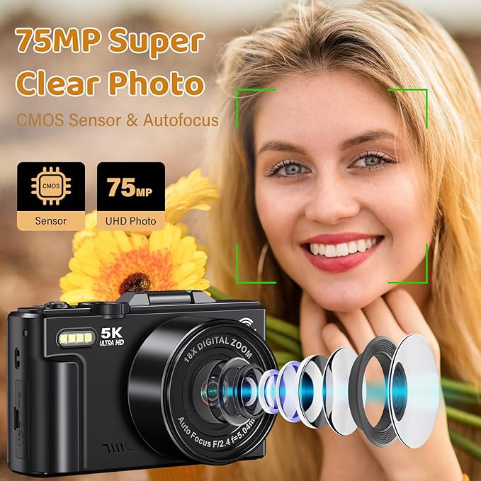 5K Digital Camera for Photography - WiFi 75MP Vlogging Cameras for YouTube - UHD Autofocus Video Camera 3" 180° Flip Screen with 18X Zoom - Compact Vlog Travel Camara with 32GB SD Card, 2 Batteries
