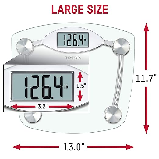 Taylor Digital Bathroom Scale, Body Weight Scale, Instant On and Off, 400 lb Capacity, Sturdy Clear Glass with Chrome-Finish Base