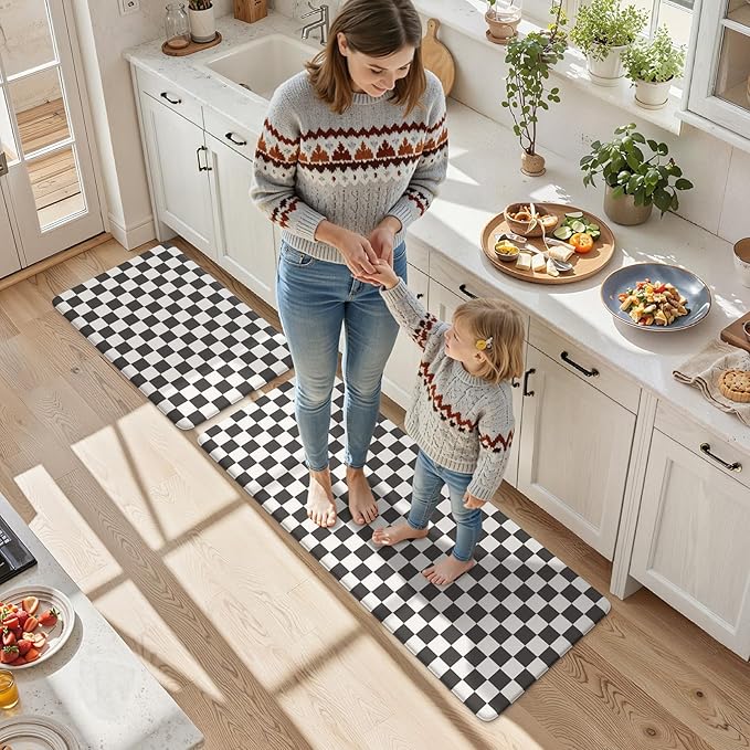 KIMODE Anti Fatigue Kitchen Mats for Floor, Black and White Plaid Kitchen Rugs Sets of 2, Cushioned Kitchen Floor Mats, Non Slip Standing Desk Mat for Sink Laundry Office Desk 20"x47"+20"x32"
