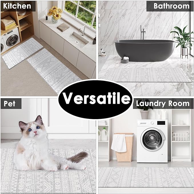 Arttown Anti Fatigue Kitchen Mats for Kitchen Floor, Boho Kitchen Mats Cushioned Anti Fatigue Rug, Waterproof Non-Slip Washable Kitchen Rugs and PVC - Grey/White