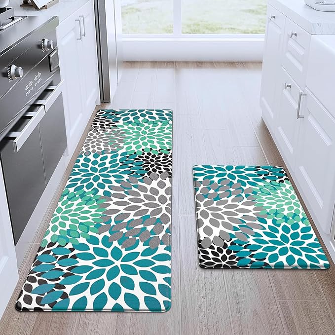 Likiyol Kitchen Mats for Floor [2 PCS] Anti-Fatigue Comfort Kitchen Rugs, Boho Flower Cushioned Waterproof Kitchen Decor Mat Thick, 18''x30''+18''x60'', Teal