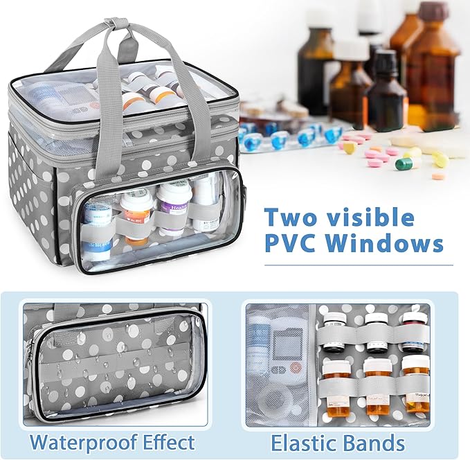 LUXJA Double-Layer Medicine Bag with Transparent Compartment, Pill Bottle Organizer with Detachable Divider (Suitable as a Home or Travel Medicine Bag), Polka Dots