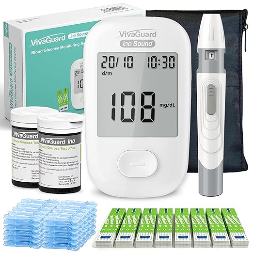 VivaGuard Talking Blood Glucose Monitor Kit,1 Glucose Meter 1 Lancing Device 100 Glucometer Strips & 100 Lancets,Blood Sugar Diabetes Testing Kit for Home use with Carrying Case Batteries,No Coding