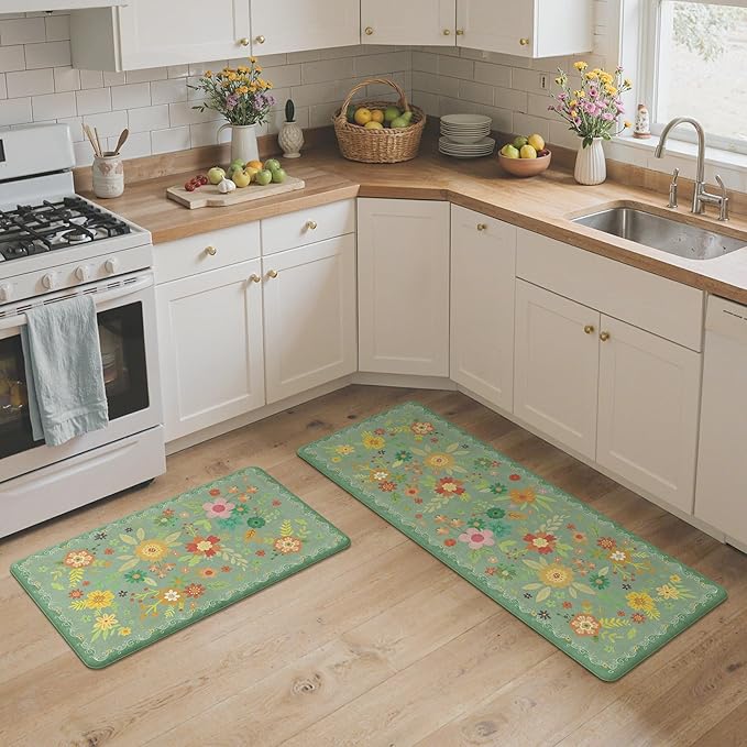 GENIMO Kitchen Mats for Floor 2PCS, Cushioned Kitchen Rugs Non Slip Washable, Farmhouse Anti Fatigue Mat Waterproof, Comfort Standing Mat Rug for Office, Home, Laundry, 17.3"x47"+17.3"x30", LightGreen