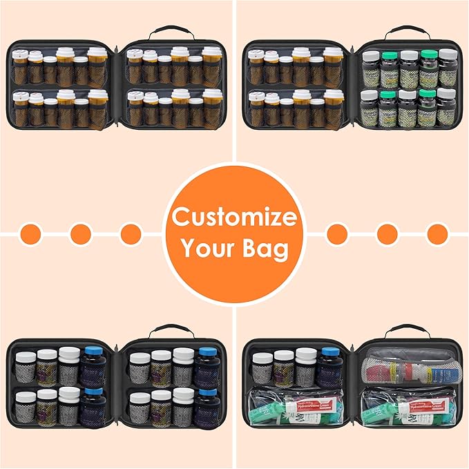 Large Padded Modular Pill Bottle Organizer, Medicine Bag, Case, Carrier for Medications, Vitamins, and Medical Supplies - for Home Storage and Travel - Black (Without Lock)