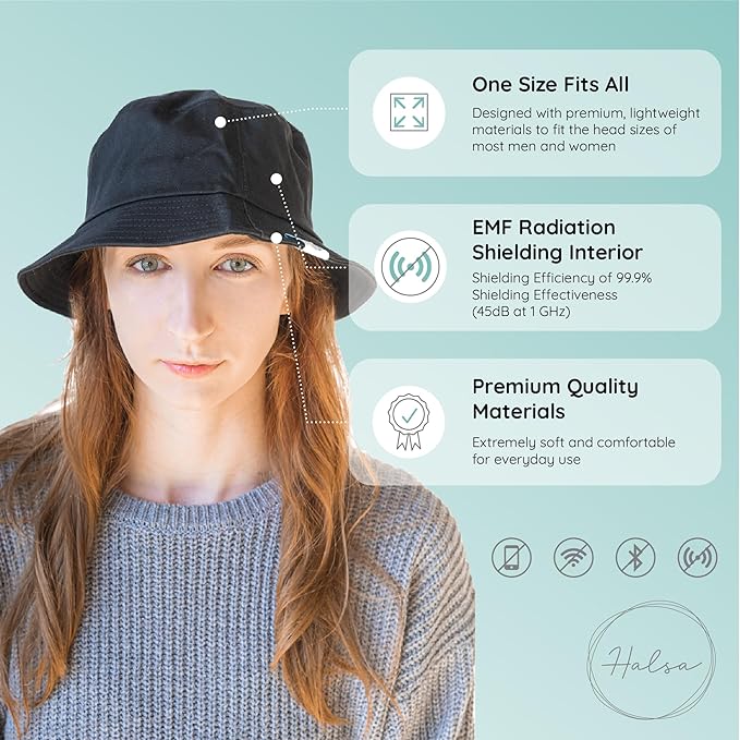 Halsa EMF Protection Hat Bucket Hat. Anti Radiation Fabric. Large. Black