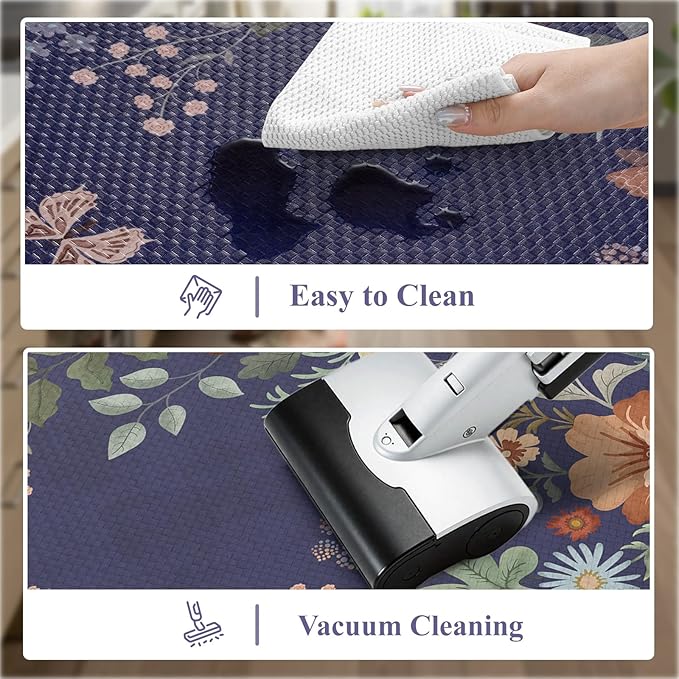 Collive Anti Fatigue Mats for Kitchen Floor, Scalloped Waterproof Kitchen Rugs Sets of 2 Non Skid Floral Desk Rug, Comfort Memory Foam Standing Mat for Office, Sink, Laundry, Blue
