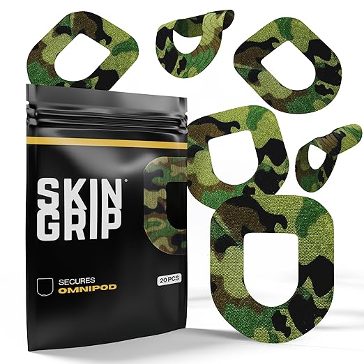 Skin Grip Insulet Omnipod 5 Adhesive Patches Waterproof & Sweatproof (Also Fits Omni pod Dash), Pre-Cut Medical Tape, Ultimate Insulin Pump Protection, Diabetic Sensor Covers, 20-Pack, Camo