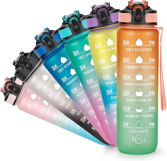Motivational Water Bottle with Time Marker - 32oz, Leak-proof BPA Free Sports Water Bottles with Straw & Carrying Strap