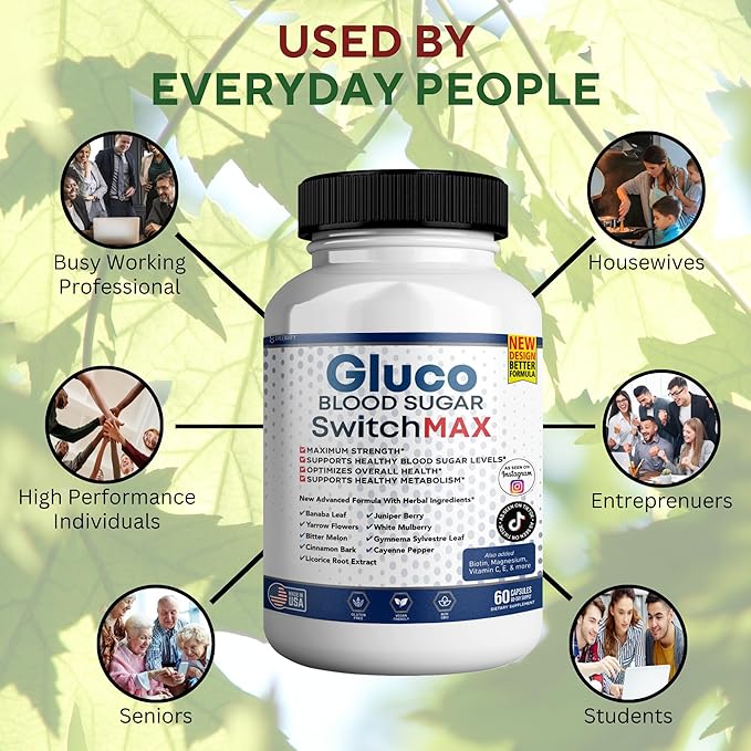 Gluco Blood Sugar Switch Max All Natural Formula to Maintain Healthy Levels, Maximum Strength Daily Formula Blood Reviews (1 Pack - 60 Capsules)