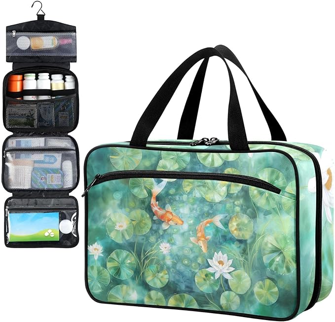Fustylead Koi Fish Swimming in Lotus Pound Travel Medicine Organizer Bag Home Storage First Aid Kit Large Pill Case with Zipper for Pill Bottle, Vitamins, and Medical Supplies