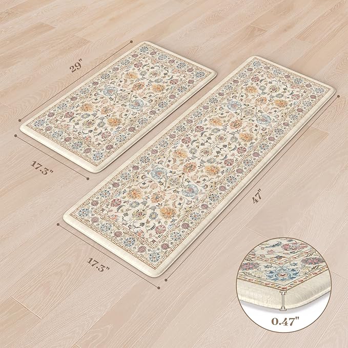 KIMODE Anti Fatigue Kitchen Mats for Floor, Boho Vintage Kitchen Rugs Sets of 2, Cream Colored Cushioned Kitchen Floor Mats, Comfort Standing Mat for Sink Laundry Office Desk 17"x47"+17"x29"
