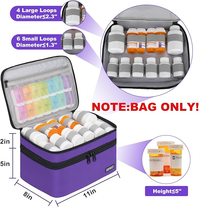 Medicine Storage Bag,Double Layers Pill Bottle Organizer Bag Empty with Lockable Zipper&Adjustable Divider,Medication Travel Carrying Bag for Pills,Vitamins,Medical Supplies,Purple