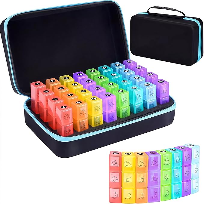 WEEOATAR Month Pill Box Organizer Medicine Planner Pill Dispenser, 3 Times a Day, Easy to Use with Zippers, Medical Supplies with Individual Compartments for Vitamin, Fish Oil, Supplements (Blue)