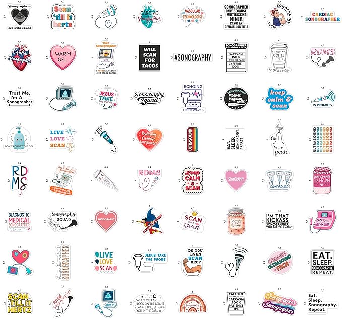 100Pcs Sonography Stickers for Water Bottle, Laptop - Ultrasound Stickers - Sonography Gifts for Sonographer, Party Decorations - Gift for Women & Men