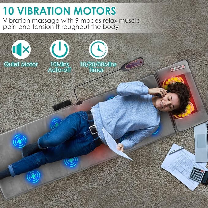 Full Body Massage Mat with Heat & Movable Shiatsu Neck Back Massager Pillow, Upgraded Massage Mattress Pad with 10 Vibration Motors,9 Massaging Mode,2 Heating Pad,for Back Neck Leg Pain Relief