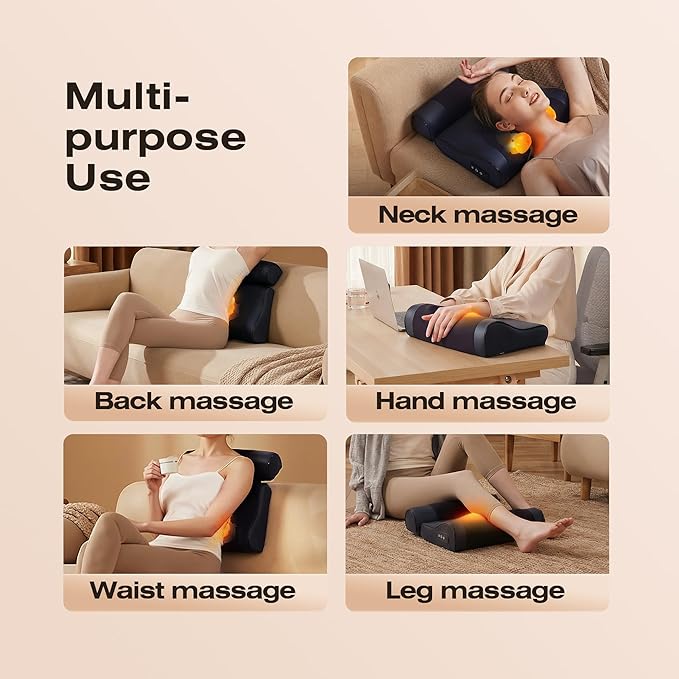 Neck Massager with Heat, 4D Shiatsu Deep Kneading for Pain Relief in Neck, Back, Shoulders, Legs & Feet, Deep Tissue Portable Massage Pillow,Rechargeable Cordless, Perfect Birthday Gifts for Women