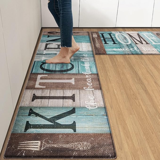 Arttown Farmhouse Anti-Fatigue Kitchen Rug Set of 2 Brown Teal Home Sweet Wood Vintage Cushioned Floor Standing Mat Waterproof Non-Slip Kitchen Mat and PVC Ergonomic Comfort Foam Rug