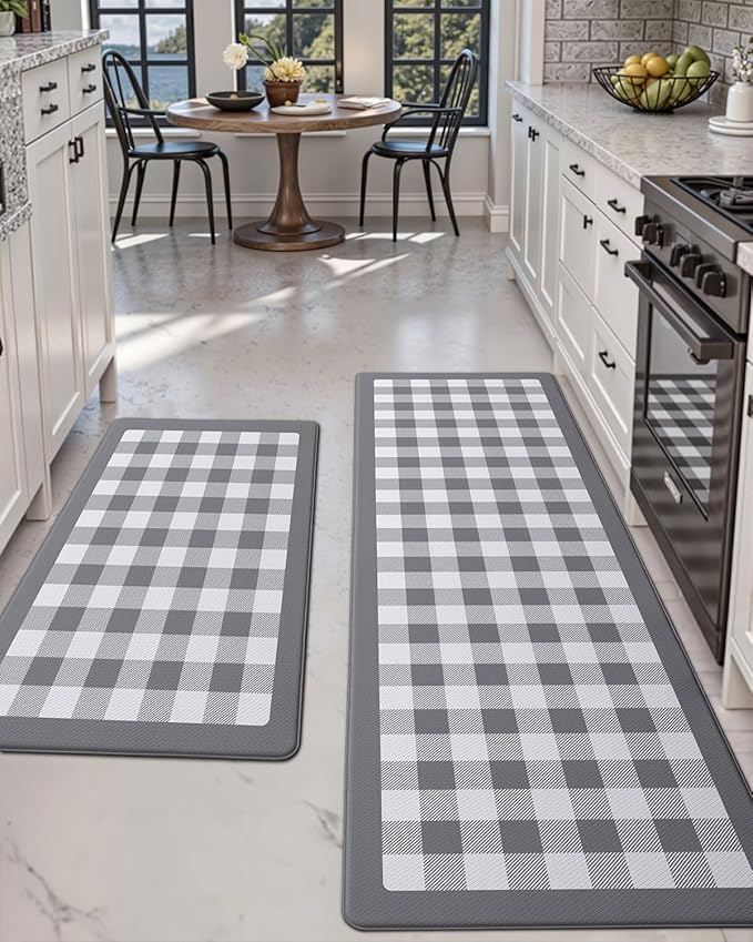 DEXI Kitchen Floor Mats Anti Fatigue, 20x29+20x59 Large Wide Cushioned Runner Rug Memory Foam, Waterproof Comfort Standing Padded Non Skid for Home Office Sink Laundry Grey and White Buffalo Plaid