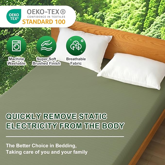 Ivellow Grounding Sheets King 10% Pure Silver Fiber 90% Organic Cotton Sheets King Size 16” Deep Pocket Soft Breathable Grounded Sheet Earth Connected Bedding Fitted Sheet with Grounding Cord Green