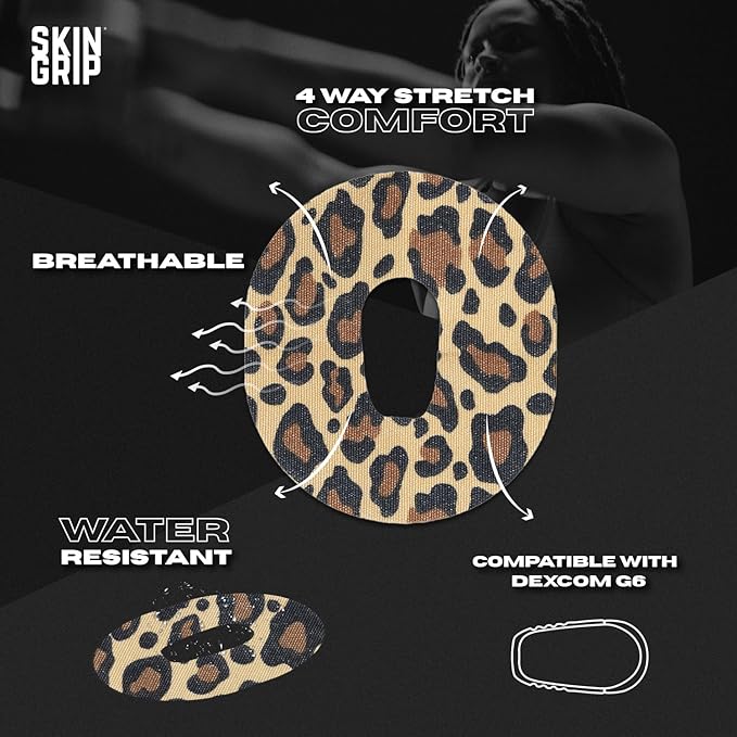 Skin Grip CGM Patches for Dexcom G6 (10-Pack), Waterproof & Sweatproof for 10-14 Days, Pre-Cut Adhesive Tape, Continuous Glucose Monitor Protection (Animal Prints)