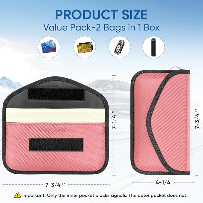 TICONN 2PK Faraday Bags for Car Keys Fob, 7.75"X4.25" Faraday Cage Protector, Car RFID Signal Blocking, Anti-Theft Pouch Anti-Hacking Case Blocker (Pink, L)