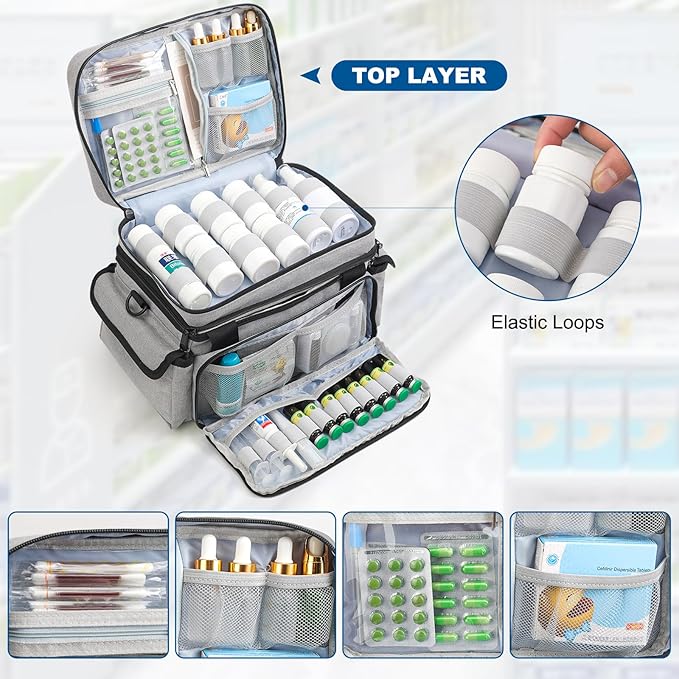 Medicine Organizer with Adjustable Divider, Double-Layer Medicine Bottle Organizer Storage, Portable Home Health First Aid Bag, Medicine Organizer Box for Emergency Medications (Bag Only)