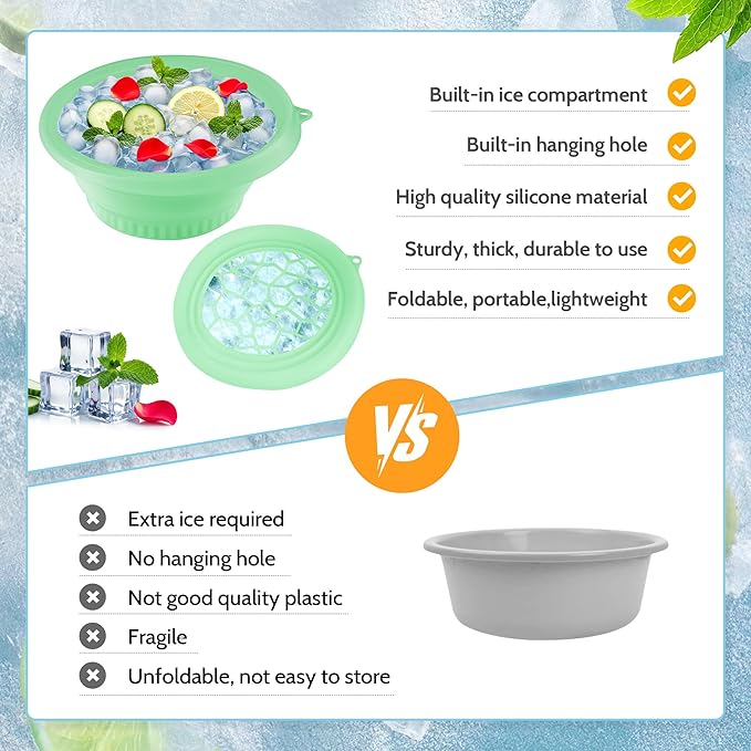 Large Bowl for Face Ice Bath, Foldable Facial Ice Bath with Built-in Icetray, Silicone Ice Bath Bowl, Ice Face Bowl (Green)