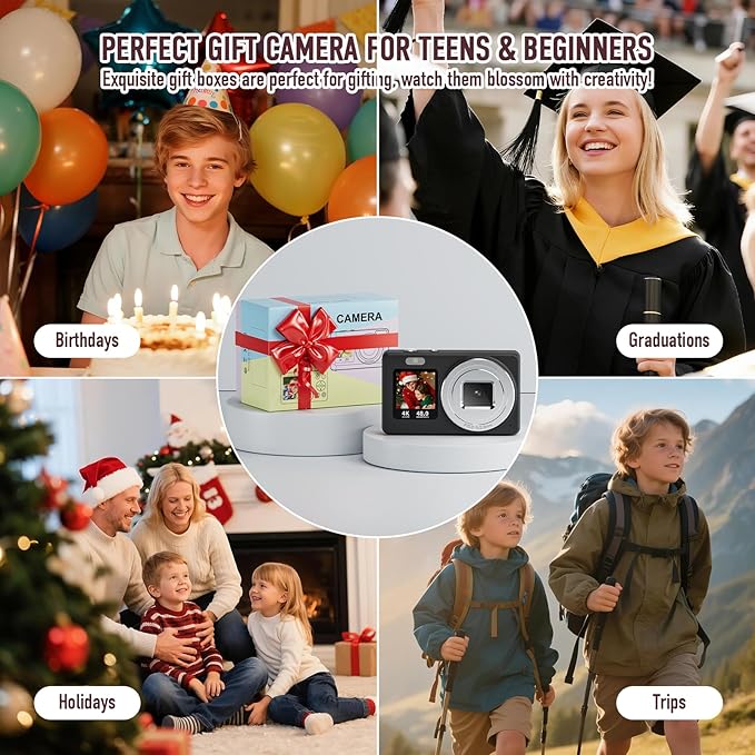 Digital Camera, 4K 48MP Autofocus Dual Screen for Selfies, 18X Zoom Fill Light, Portable Point and Shoot Camera with 32GB SD Card for Kids, Teens, Girls, Boys- Black