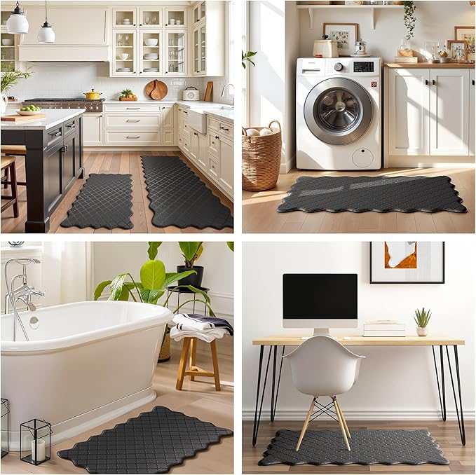 Upgrade Scalloped Embossed Kitchen Mats for Floor 2PCS Cushioned Anti Fatigue Waterproof Foam Kitchen Rugs Non Slip Washable Comfort Standing Mat for Sink Laundry, 17.3"x30"+17.3"x59", Black