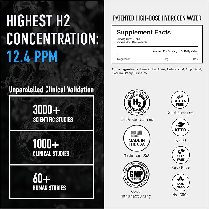 DRINK HRW Rejuvenation Molecular Hydrogen Water Tablets: 12 ppm H2, Patented, USA Made, IHSA-Certified Hydrogen & Magnesium Supplement. Supports Energy, Recovery, Cognitive Function (Unflavored, 60Ct)